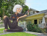 breasts drawing gentle giantess white_hair collage mega color blue_eyes clothed skirt buildings susan ginormica short_hair sitting uniform houses leaning_against_building monsters_vs_aliens belt jumpsuit suburbia legs_crossed looking_at_tiny susan_murphy dreamworks standing_on_roof picket_fence