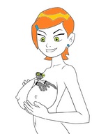 breasts drawing nipples gentle giantess alien color breast_crush smiling red_hair navel gwen_tennyson no_background ben_10 bobsan between_breasts cartoon_network green_eyes cupping_breasts hair_pin