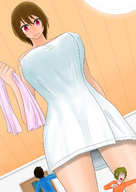 drawing color clothed anime red_eyes huge_breasts brunette scared shrunken_people looking_down indoors locker_room towels オレンジ orenji