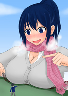drawing giantess color destruction blue_eyes cleavage anime blue_hair huge_breasts looking_down sweater fence pointing scarf オレンジ orenji