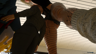 blonde large_breasts clothed cleavage buildings amazon short_shorts fishnets standing looking_up digital_render fater bald crop_top clothing_racks customer