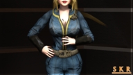 gentle blonde large_breasts clothed cleavage shrunken_men uniform standing undressing digital_render between_breasts