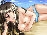 drawing gentle giantess panties black_hair color large_breasts long_hair beach cleavage brunette lying_down sand sunny muffyma between_breasts