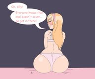 drawing blushing blonde color long_hair butt story shrunken_man back screeeow