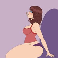 drawing blushing color mouth brunette sitting shrunken_man thighs screeeow imminent_vore