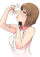 drawing vore tongue mouth saliva brunette sweat short_hair hand shrunken_man open_mouth dangle dripping idolmaster imminent_vore no_background looking_at_tiny tsurui 鶴井blushing