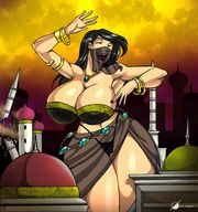 drawing giantess city black_hair color long_hair destruction cleavage huge_breasts smiling thong navel dancing jewelry veil arab_woman