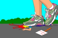 drawing giantess crush city blonde color jeans blood socks foot_crush nike_shoes trample streets sneakers point_of_view sign