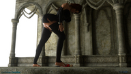 barefoot domination red_hair foot_crush shrunken_woman pinned under_foot thigh_highs looking_at_tiny digital_render fater goddess_perelia goddess-awakening