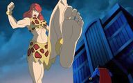 breasts giantess mega color toes barefoot bra skirt giganta red_hair muscles belly cartoon costume superman cape imminent_crush leopard_print dc_comics loincloth hall_of_justice
