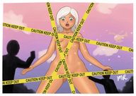 breasts drawing giantess white_hair nude mega color butt blue_eyes ginormica short_hair surprised standing onlookers clouds monsters_vs_aliens convenient_censorship dreamworks censored_with_tape caution_tape looking_at_tinies