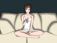 drawing gentle panties color blue_eyes barefoot brunette sitting shrunken_man top sofa legs_crossed remote_control watching_television
