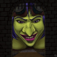 drawing giantess color large_breasts bridge mouth cleavage blue_hair grinning purple_eyes castle lying_down face looming lipstick world_of_warcraft looking_at_viewer goggles pandoza goblin green_skin