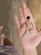 breasts collage nude pussy handheld barefoot unknown_artist hand palm shrunken_woman necklace