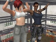giantess multiple_giantesses red_hair giantesses indoors sports_bra gym digital_render giantlightningfan dogtags