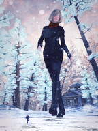 giantess blonde boots walking snow houses outdoors trees sorenzer0 digital_render