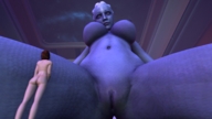 breasts giantess nude pussy alien butt bed blue_skin between_legs shrunken_woman scifi digital_render mass_effect liara asari femshep
