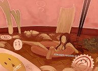 gentle nude vore shrunken_woman food swimming japanese_text soup