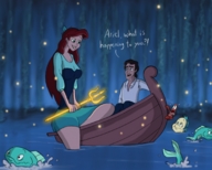drawing growth black_hair color long_hair cleavage red_hair amazon magic disney hair_bow ariel the_little_mermaid crab fish little_mermaid prince_eric trident rowboat sebastian flounder