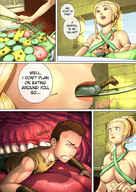 breasts drawing vore blonde comic color tongue clothed teeth cleavage goddess story fork shrunken_man kibate salad