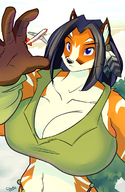 drawing giantess furry black_hair color blue_eyes clothed cleavage huge_breasts fox ducky kisha short_hair airplane reaching standing outdoors fox_girl native commission bare_midriff looking_at_tinies kyledamora