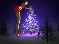 giantess blonde clothed high_heels dress bending_over snow forest lights long_legs touching christmas_tree digital_render onlooker