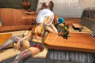 breasts drawing giantess white_hair mega color blue_eyes cleavage skirt blood ginormica cheerleader short_hair monsters_vs_aliens top sofa leaning_against susan_murphy blob blue_eyeshadow bare_midriff looking_at_tinies b.o.b. missing_link