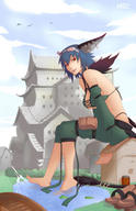 drawing giantess tail color barefoot cleavage buildings blue_hair sandals looking_at_viewer pond sitting_on_building azumi_haruki pointed_ears
