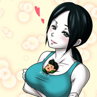 breasts drawing gentle black_hair color wii_fit_trainer no_background nose_bleed little_mac between_breasts
