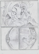 breasts drawing nipples gentle giantess furry vixen comic monochrome fox shrunken_man in_shirt looking_at_tiny