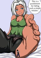 drawing white_hair feet color blue_eyes barefoot cleavage foot_worship shrunken_woman punishment etz looking_at_tiny elma xenoblade