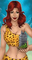 drawing giantess mega color handheld cleavage giganta red_hair leopard_print holding_building dc_comics bare_midriff