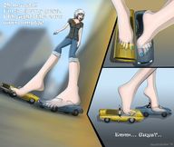 breasts drawing giantess white_hair city mega comic color blue_eyes barefoot susan ginormica short_hair foot_worship vehicles monsters_vs_aliens roller_skates dialogue blue_nails bare_legs susan_murphy
