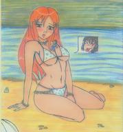 drawing gentle bleach color beach cleavage anime shrunken_man inoue_orihime looking_at_viewer orange_hair