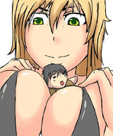 drawing gentle size_difference blonde color cleavage looking_at_tiny between_breasts
