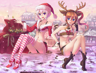 drawing giantess color blue_eyes cleavage high_heels purple_eyes christmas boots underboob town giantesses snow santa_costume presents pointed_ears reindeer_costume