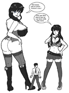 drawing monochrome black_hair large_breasts butt blue_eyes cleavage skirt high_heels stockings purple_eyes boots shrunken_man corset dialogue source_needed no_background