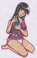 drawing gentle panties black_hair color clothed barefoot cleavage kneeling shrunken_man cuddling no_background zena_g