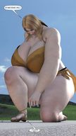 giantess blonde cleavage huge_breasts bbw sandals looming reaching looking_down shrunken_person voluptuous thick_thighs digital_render
