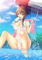 breasts drawing nipples vore color swimsuit licking barefoot anime sweat pool shrunken_man dripping umbrella splashing popsicle chain_link_fence