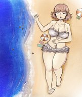 drawing gentle color swimsuit beach barefoot cleavage ocean brunette resting umbrella panty_entrapment dangan_ronpa towels skinnychimp chiaki_nanami