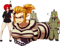 drawing giantess blonde color large_breasts red_eyes red_hair handcuffs hybrid soldiers horn scythana black_egrets skullgirls parasoul prisioner vordandan