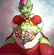 drawing gentle giantess color stockings low_angle pink_hair pink_eyes belly fangs looking_down santa_costume orc