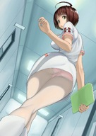 drawing panties upskirt color green_eyes brunette nurse uniform point_of_view looking_at_viewer 巨大ロボ kyodai_robo