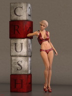 giantess panties blonde handheld cleavage bra high_heels navel foot_crush mr_luigi looking_at_viewer digital_render blocks