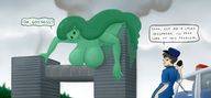 drawing giantess color buildings green_hair police dialogue slime_girl pun