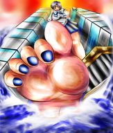 drawing giantess feet mega color toes barefoot buildings soles blue_hair sailor_moon sailor_mercury point_of_view leaning_on_building blue_nails