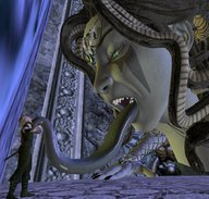 giantess vore licking crawling long_tongue sharp_teeth boomgts green_skin looking_at_tiny medusa digital_render gorgon