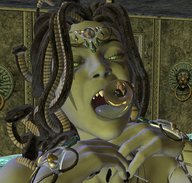 giantess vore lying_down long_tongue tiara on_tongue sharp_teeth boomgts green_skin looking_at_tiny medusa digital_render gorgon