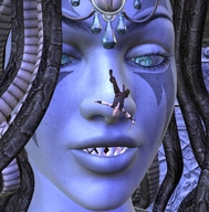 giantess blue_skin tiara sharp_teeth boomgts looking_at_tiny medusa digital_render gorgon